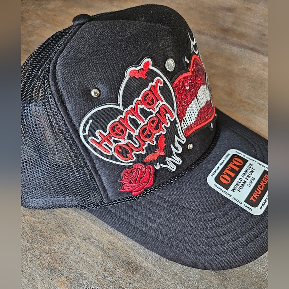 Halloween trucker hat with themed embroidered patches, and rhinestone studs - Picture 2 of 4